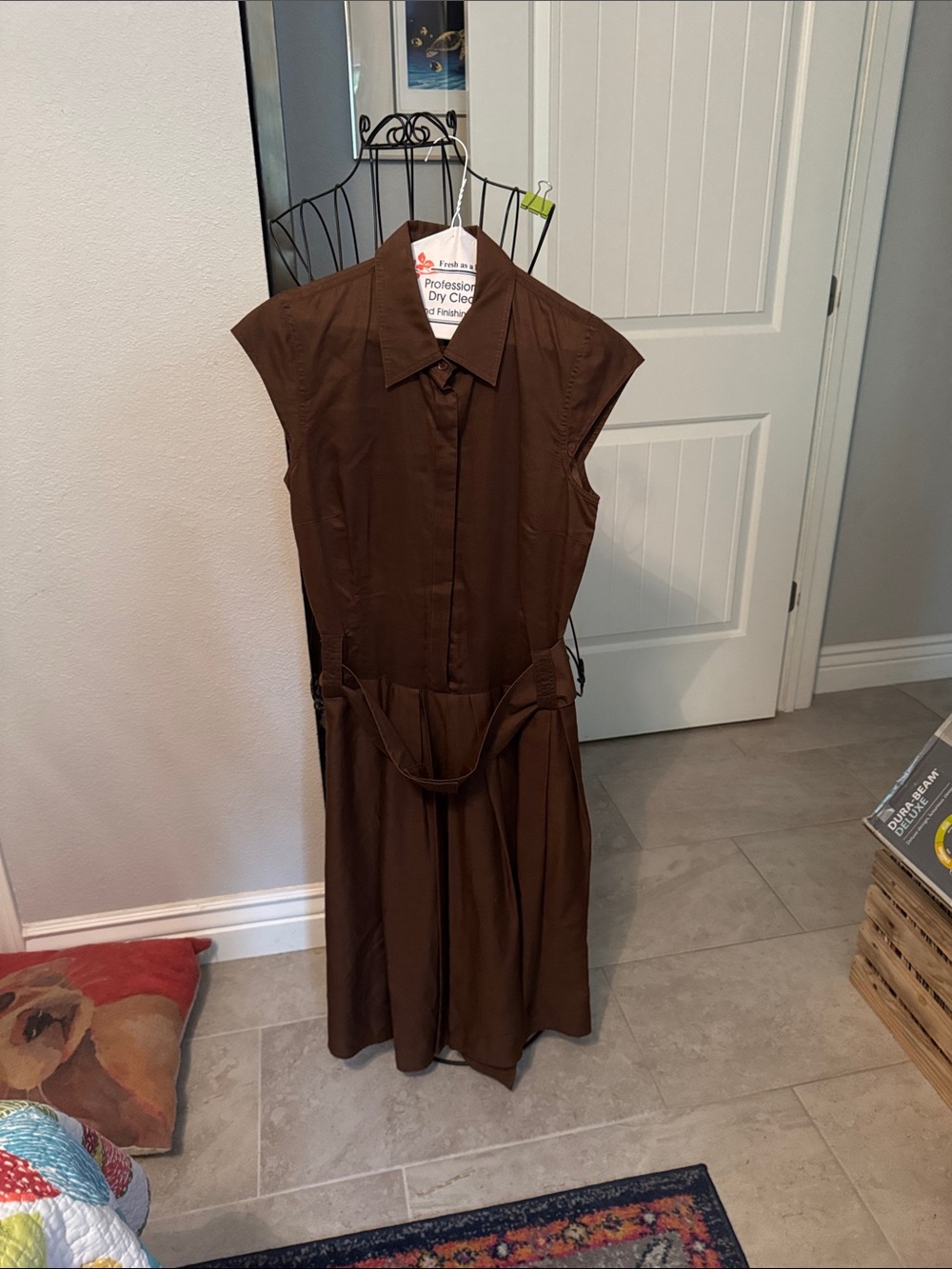 DKNY Brown Cap-Sleeve Midi Shirt Dress with Waist Tie 6